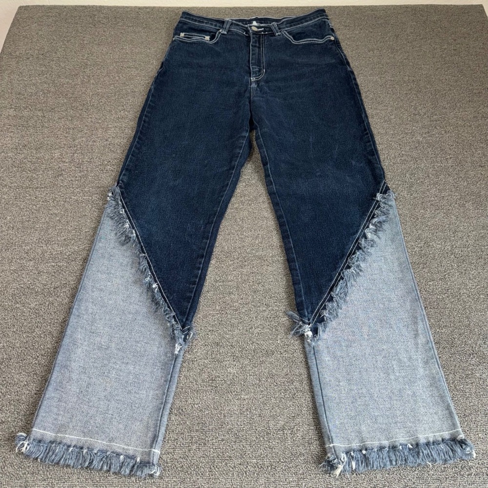 VTG Two Tone Spliced Frayed Wide Leg Blue Jeans Sz Large Made in USA‎ Streetwear